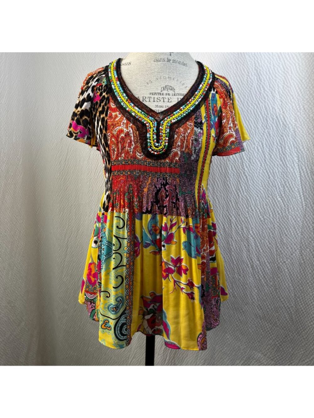 Melissa Paige Bohemian Multicolor Patchwork Tunic Top With Beaded V-Neck - Picture 2 of 8